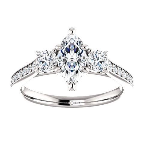 1.85 Ct. 3 Stone Marquise With Round Halo Diamond Ring Three Stone Ring