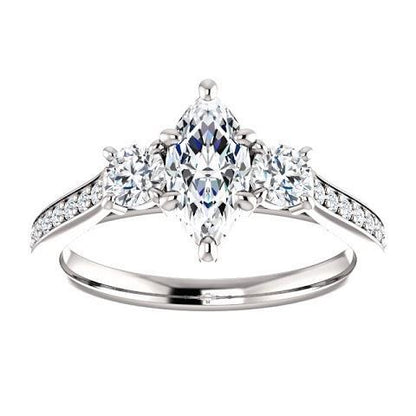 1.85 Ct. 3 Stone Marquise With Round Halo Diamond Ring Three Stone Ring