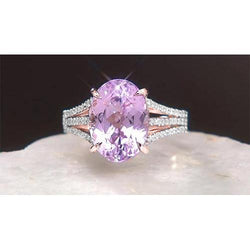 18 Ct Oval Cut Pink Kunzite And Round Natural Earth Mined Diamond Ring White Jewelry