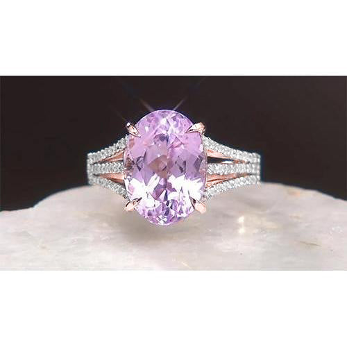 18 Ct Oval Cut Pink Kunzite And Round Natural Earth Mined Diamond Ring White Jewelry