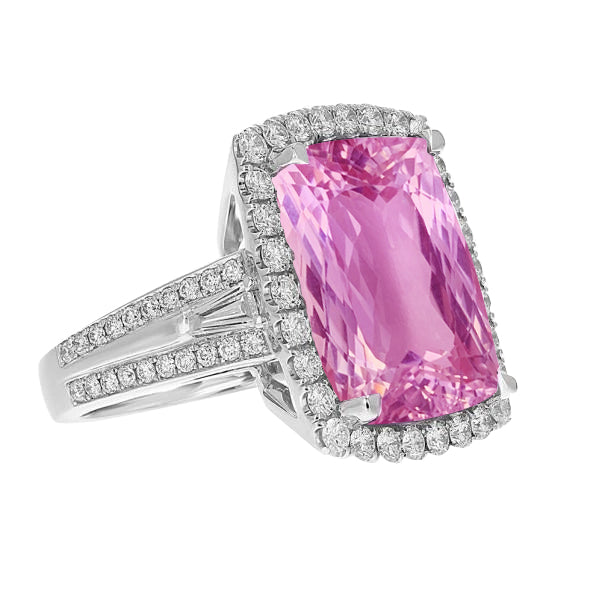  Lady’s Brilliant  Cushion Cut Kunzite Round Diamonds Ring White Gold  