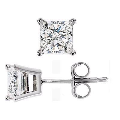 4 Prong Set Princess Cut Sparkling Unique Stud Earrings White Gold Diamond 