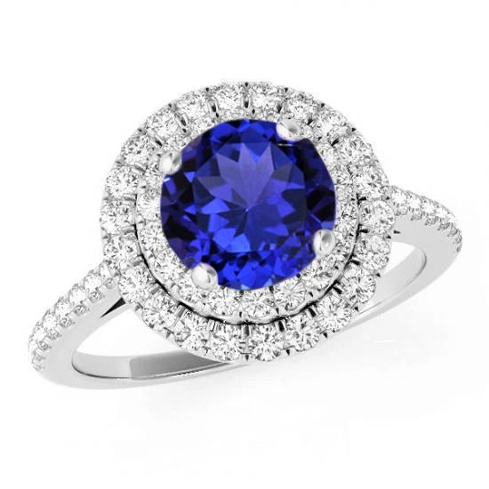Sparkling Round Cut Tanzanite And Diamonds Wedding Ring   White Gold