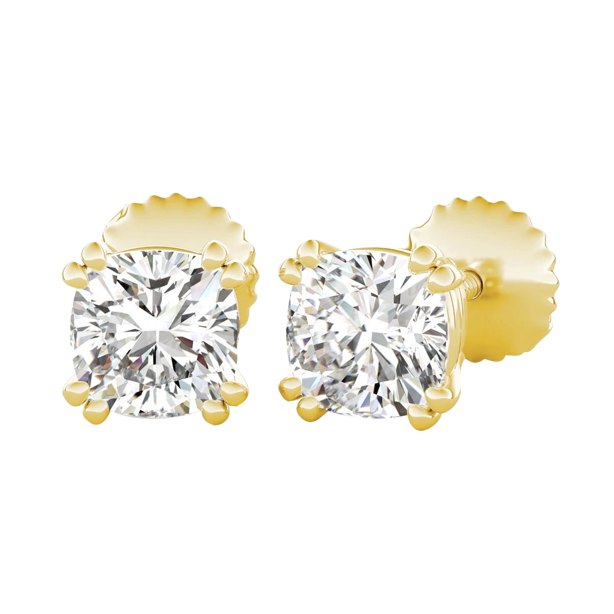 Yellow Gold Fancy Princess Cut Vintage Style White Gold Diamond Stud Earrings