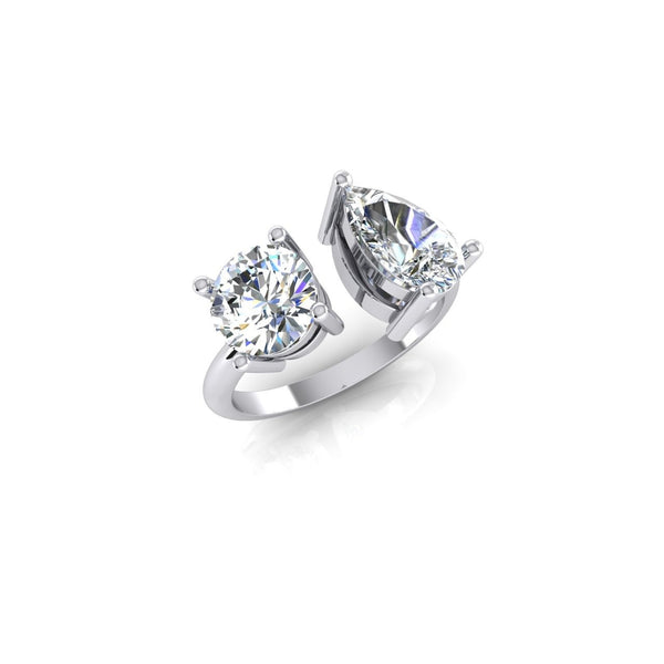 Unique Style White Sparkling Engagement White Gold Toi Et Moi Pear & Round Diamond Two Stone Ring 2 Carats