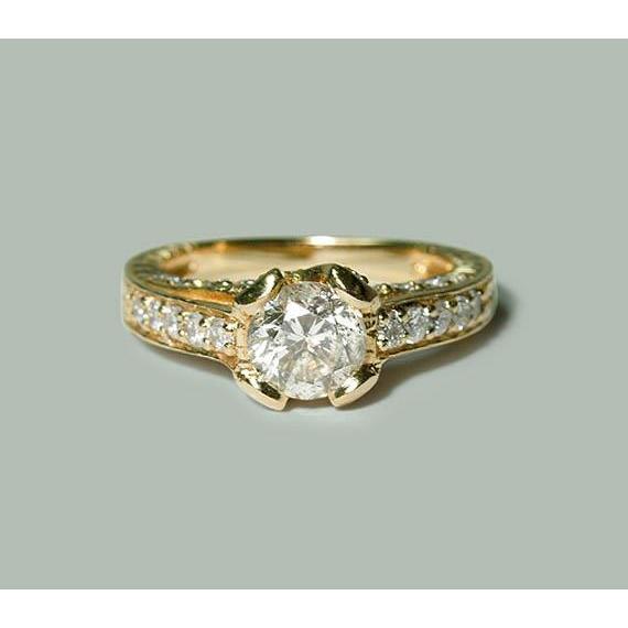 Diamonds Jewelry Engagement  Yellow Gold Solitaire Ring with Accents