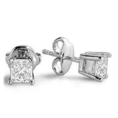 New Princess Diamond  Gold Solid White Prong Set Stud Earrings