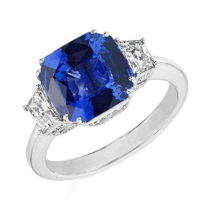 2 Carats Asscher Cut Sri Lanka Blue Sapphire Three Stone Ring White Gold 14K Gemstone Ring