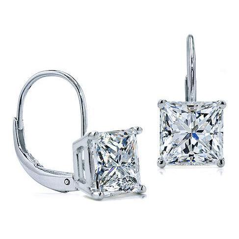 Princess Cut Diamond Earrings Leverback Eurowire 14K White Gold