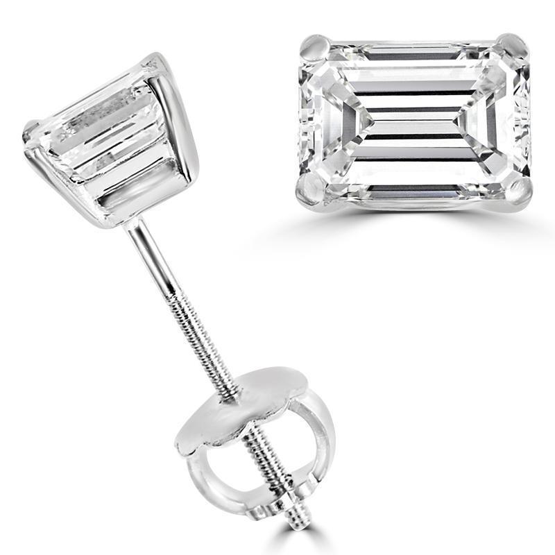 Brilliant  Emerald Cut Diamond Stud Earring Pair White Gold 