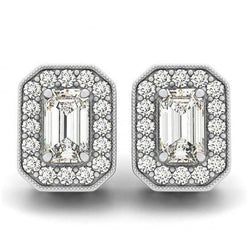 2 Carats Emerald & Round Diamonds White Gold 14K Studs Earrings Halo