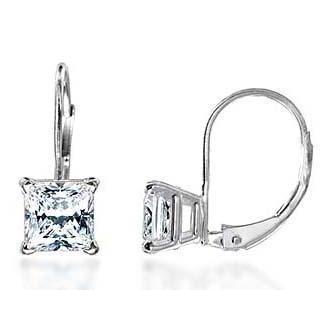 2 Carats F Vs1 Princess Cut Diamond Earrings Leverback Eurowire 14K White Gold Leverback Earrings