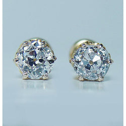 2 Carats Old Miner Round Natural Earth Mined Diamond Stud Women Earring Yellow Gold