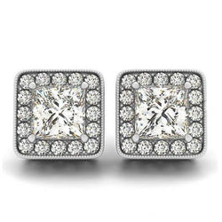 2 Carats Princess & Round Diamonds Halo Studs Earrings White Gold 14K