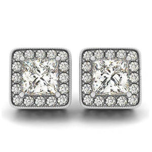 Fancy  Princess & Round Diamonds Halo Studs Earrings White Gold  
