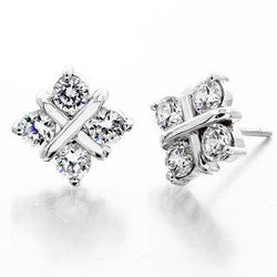 2 Carats Round 4 Stone Diamond Stud Earring Pair White Gold 14K