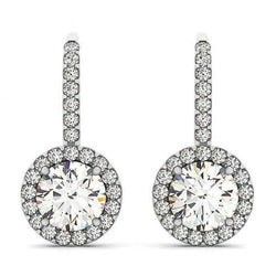 2 Carats Round Brilliant Diamonds Halo Drop Earrings