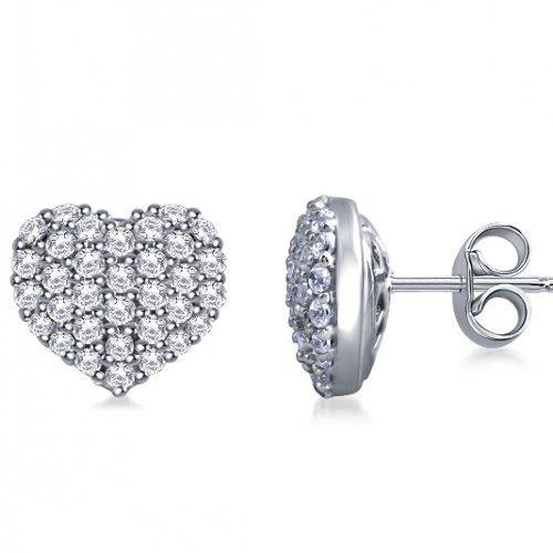  Round Diamond Stud Heart Style Earring Pave Set 14K White Gold 