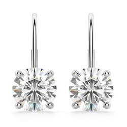 2 Carats Round Solitaire Diamond Leverback Earring White Gold 14K