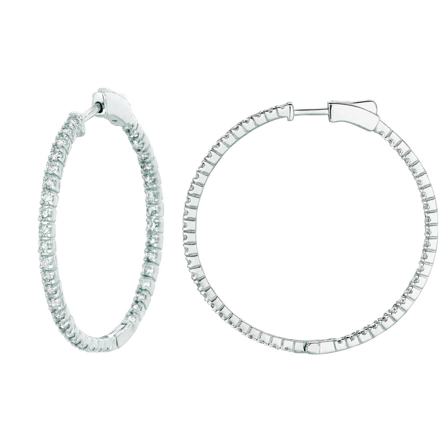 2 Pointer Hoop Earrings/Patented Snap Lock 2 Carats 14K White Hoop Earrings