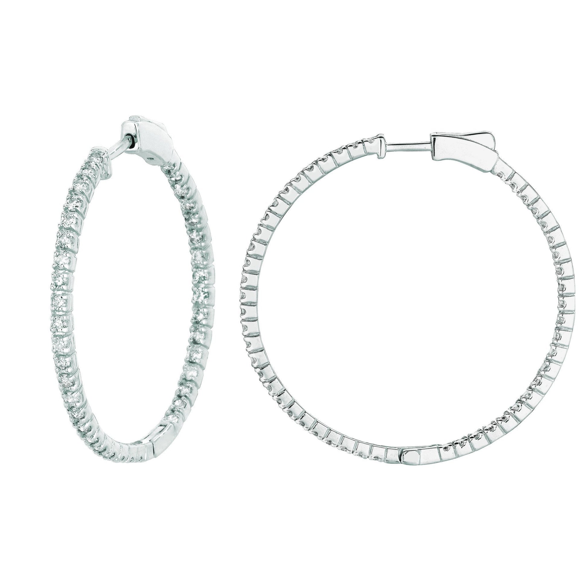 2 Pointer Hoop Earrings/Patented Snap Lock 2 Carats 14K White Hoop Earrings