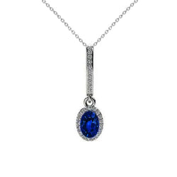 2.15 Ct. Blue Oval Sapphire Pendant Halo Diamond Necklace