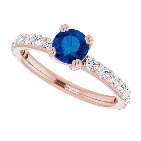  Ring Rose Gold 14K Diamond & Round Blue Sapphire