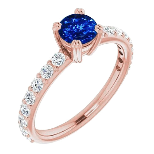 Lady’s Brilliant Ring Rose Gold   Diamond & Round Blue Sapphire 