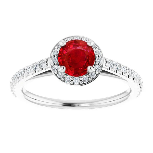  Ring Round Halo Ruby White Gold Gemstone Ring
