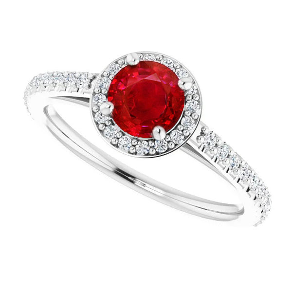 Gemstone Ring  Brilliant Sparkling  Ring Round Halo Ruby White Gold  