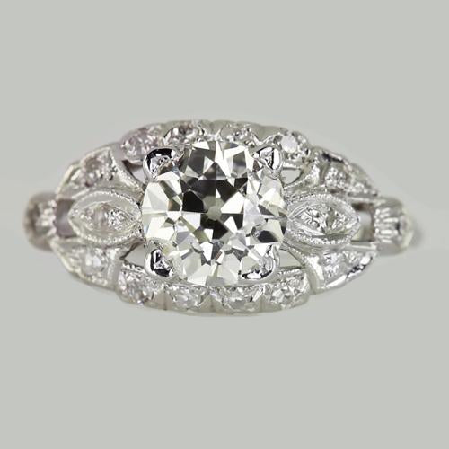 Old Cut  Split Shank Jewelry White Gold Solitaire Ring with Accents