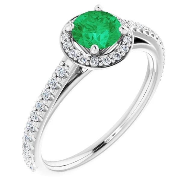 2.50 Carats Ring Round Halo Colombian Green Emerald White Gold 14K