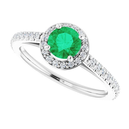 2.50 Carats Ring Round Halo Colombian Green Emerald White Gold 14K