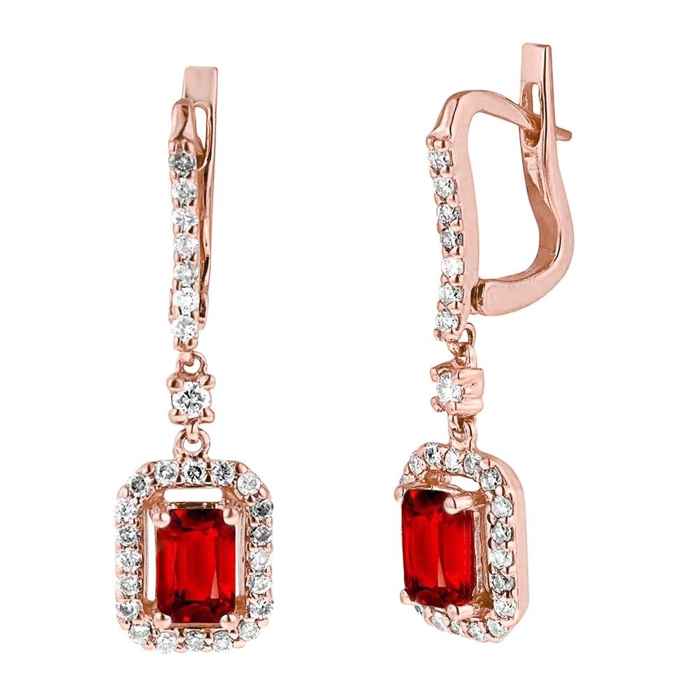 2.70 Ct Emerald Cut Red Ruby And Natural Earth Mined Diamond Dangle Earring Rose Gold