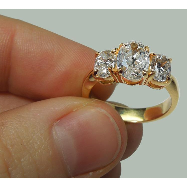 2.81 Cts. Oval Natural Earth Mined Diamonds Three Stone Engagement Ring Yellow Gold 14K