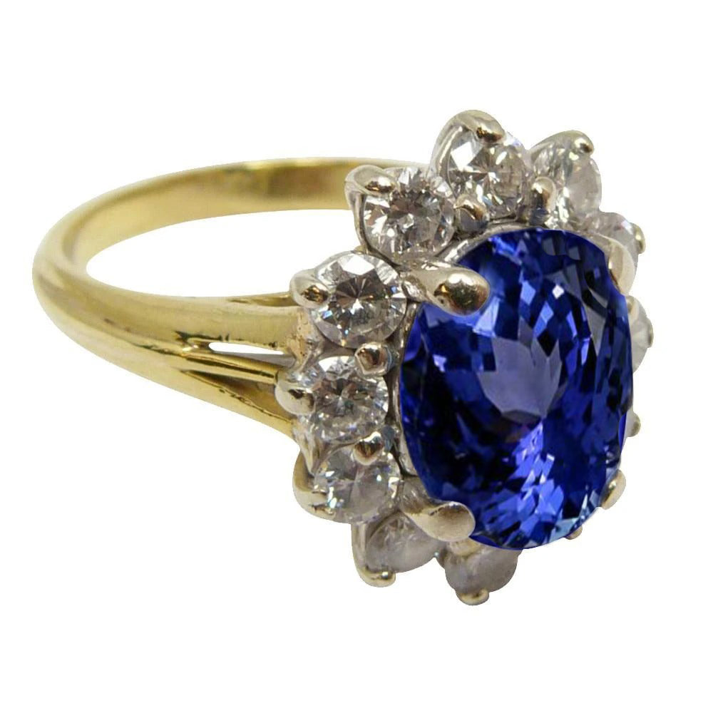 Gemstone Ring Tanzanite & Diamonds Solitaire With Accents Ring   Oval Cut Tanzanite & Diamonds Fancy Ring  Two Tone Gold