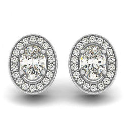 1.86 Carats Oval Natural Earth Mined Diamonds Halo Studs Pair Earrings White Gold 14K