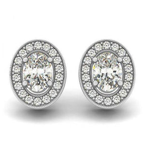 Ladies  Oval Diamonds Halo Studs Pair Earrings White Gold 
