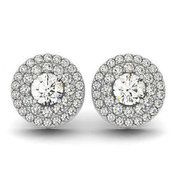 1.68 Carats Round Diamonds Studs Halo Pair Earrings White Gold 14K