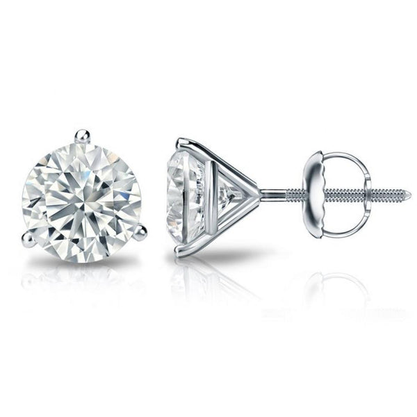 2.00 Carats Three Prong Set Diamonds Lady Studs Earrings 14K White Gold Stud Earrings