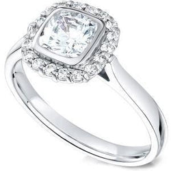 Natural  2 Ct. Halo Diamonds Ring Cushion & Round Diamond WG 14K Bezel Set