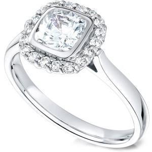2.01 Ct Halo Diamonds Ring Cushion And Round Cut Diamond White Gold 14K Bezel Set Halo Ring