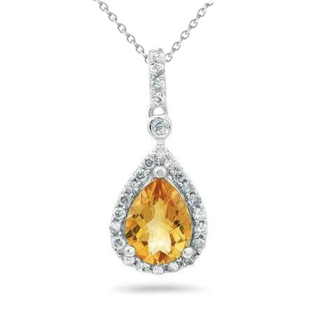 20 Ct Pear Madeira Citrine With Diamonds Pendant & Chain White Gold 