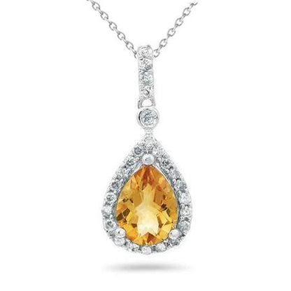 20 Ct Pear Madeira Citrine With Diamonds Pendant & Chain White Gold 