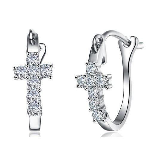 New Style Ladies  Round Cut Diamond Cross Hoop Earring White Gold 