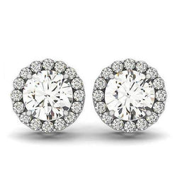 2.10 Carats Round Diamonds White Gold 14K Studs Pair Halo Earrings