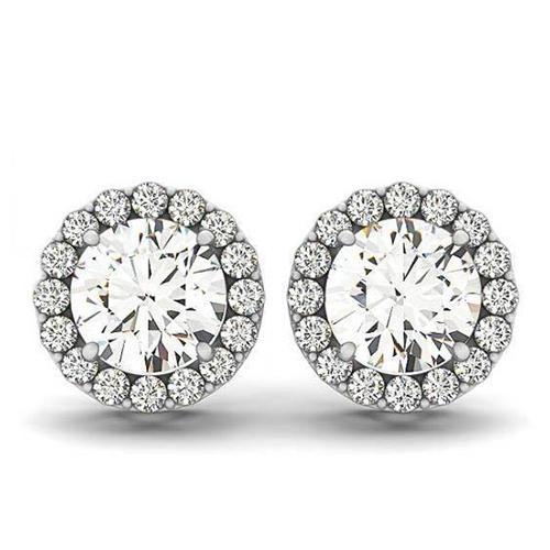 2.10 Carats Round Diamonds White Gold 14K Studs Pair Halo Earrings Halo Stud Earrings