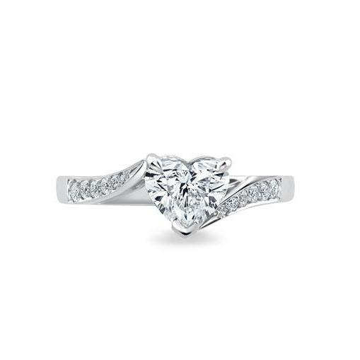 Heart And Round Cut Diamonds Engagement Ring White Gold Solitaire Ring with Accents