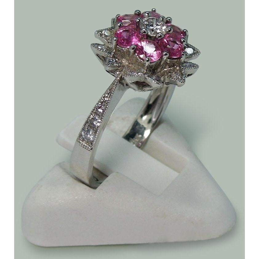  Half bazel fancy Diamonds & Pink Sapphires   Flower Style Ring White Gold  Gemstone Ring 