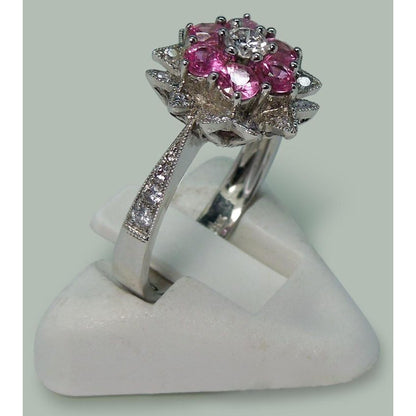  Half bazel fancy Diamonds & Pink Sapphires   Flower Style Ring White Gold  Gemstone Ring 